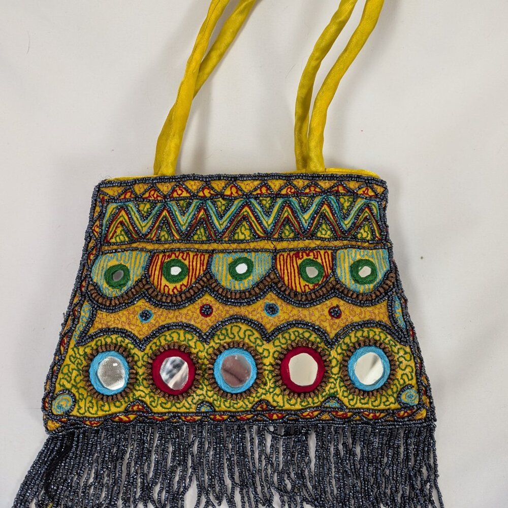 Vibrant Yellow Embellished Boho Purse with Beaded Fringe